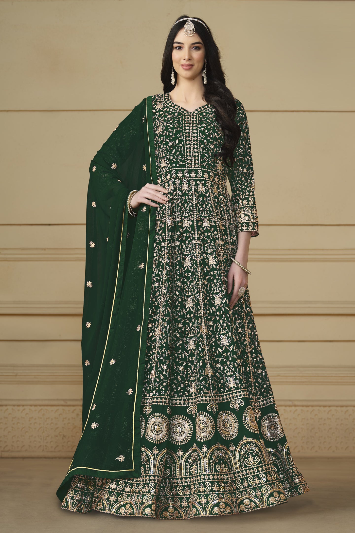 Green Georgette Anarkali Dress with Thread and Sequins Embroidery