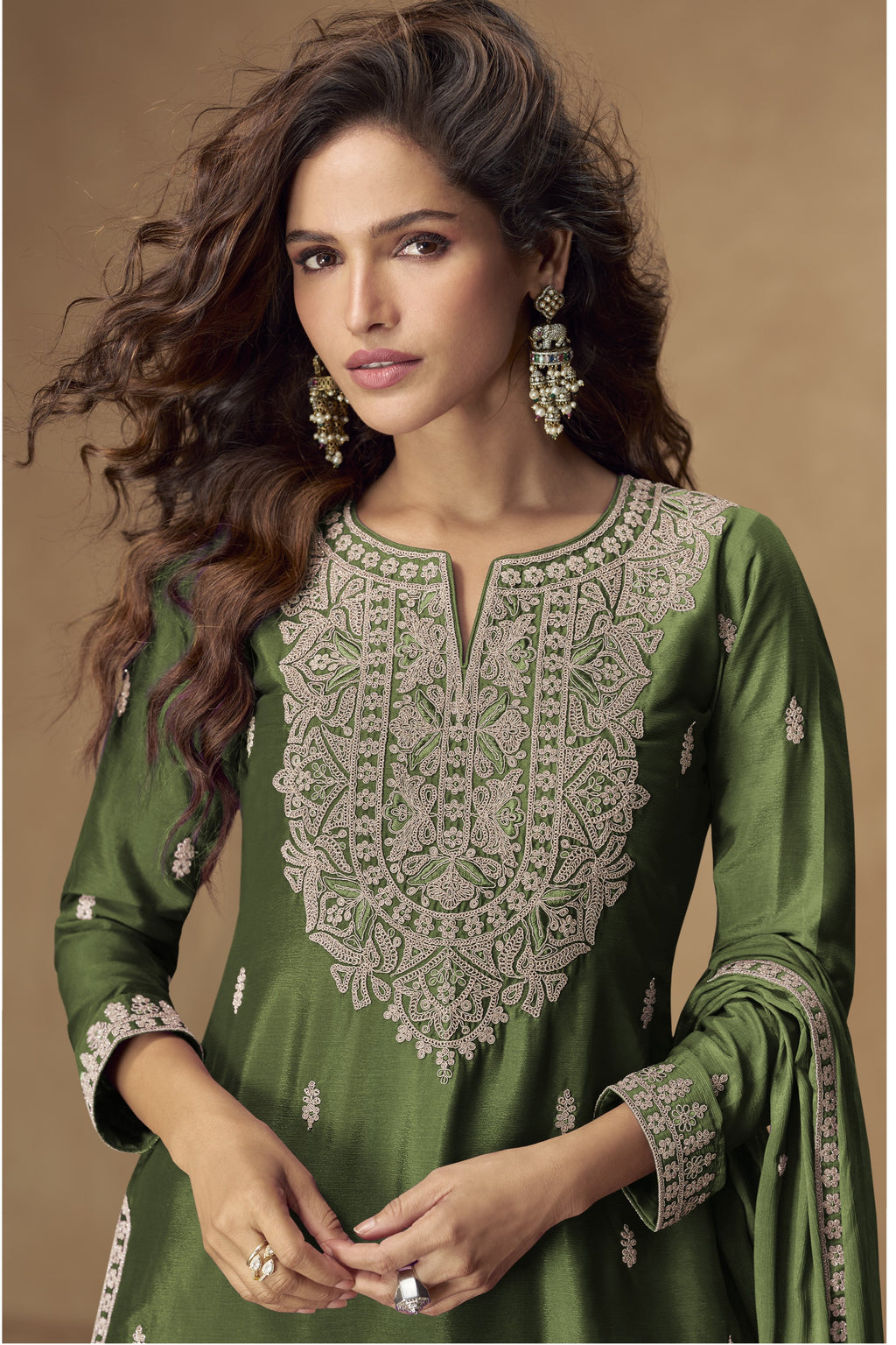 Green Chinon Silk Palazo with Thread and Sequins Embroidery for Pakistani Suits Online USA