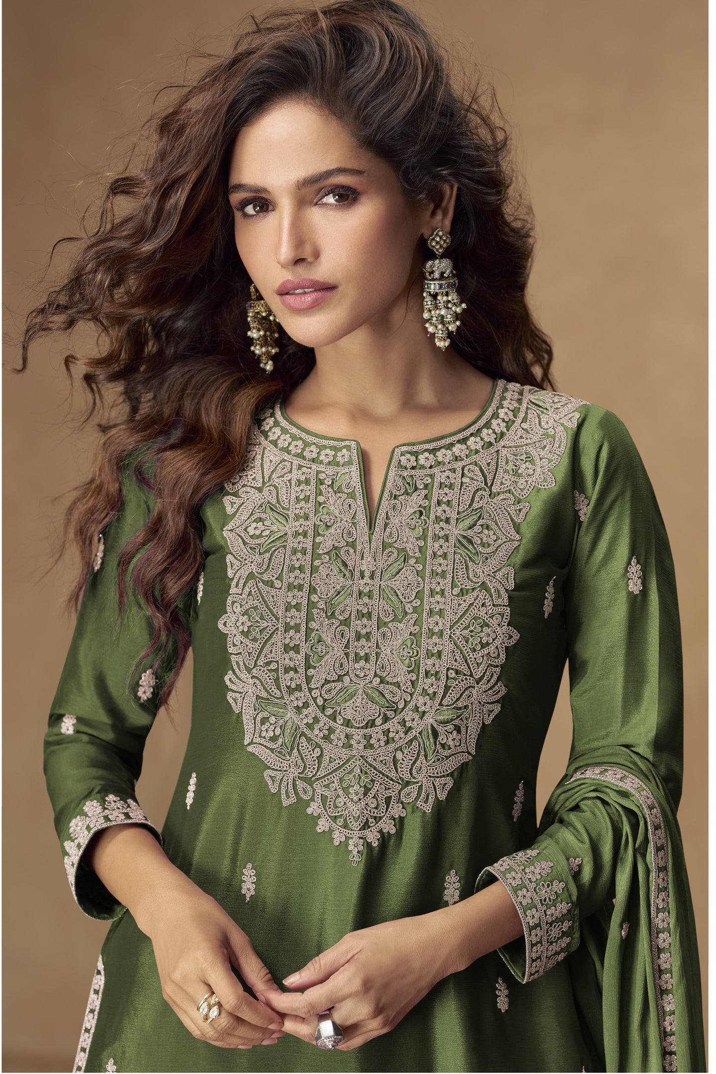 Green Chinon Silk Palazo with Thread and Sequins Embroidery for Pakistani Suits Online USA