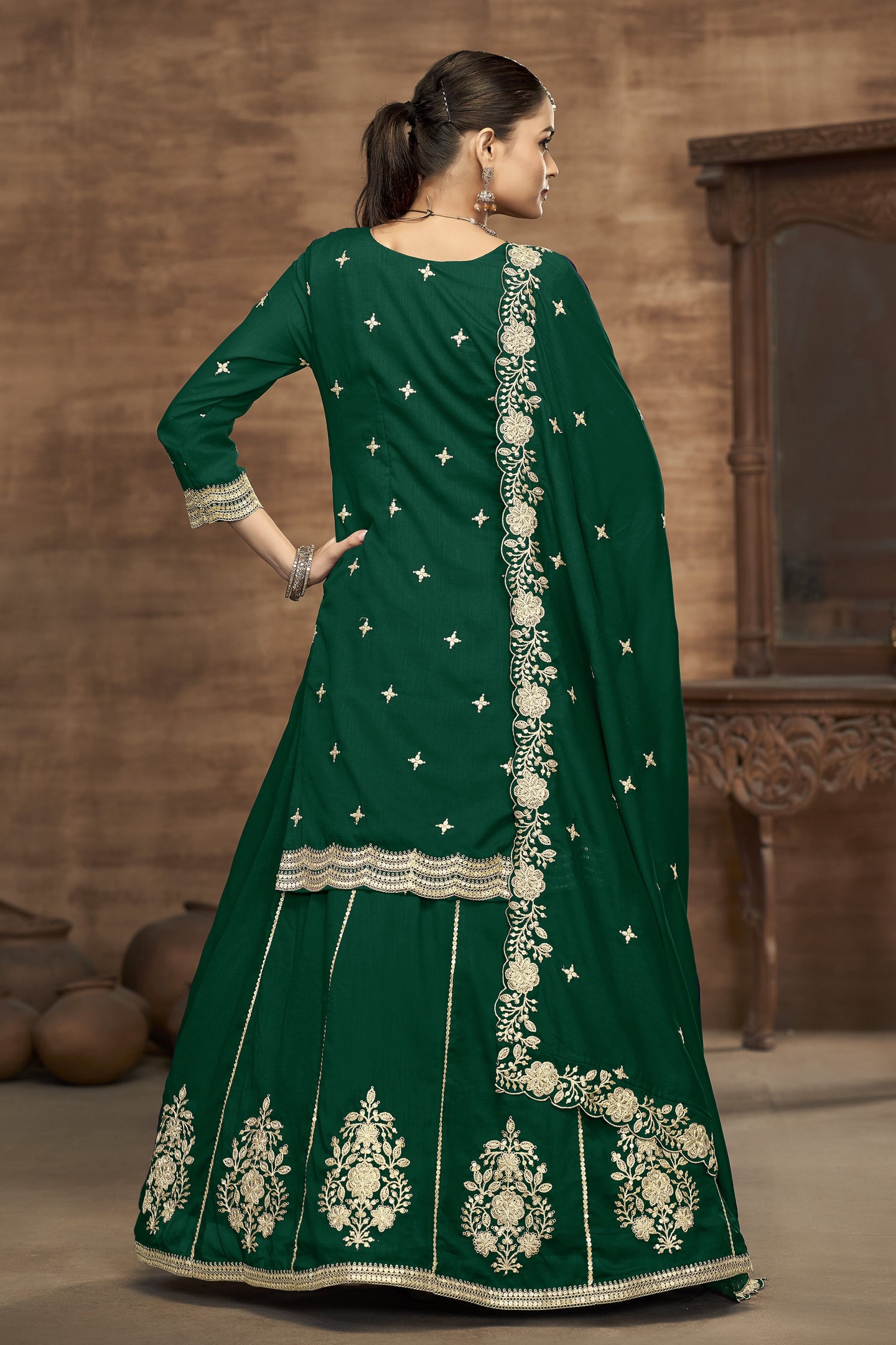 Green Vichitra Silk Pakistani Skirt Suit with Sequins Work