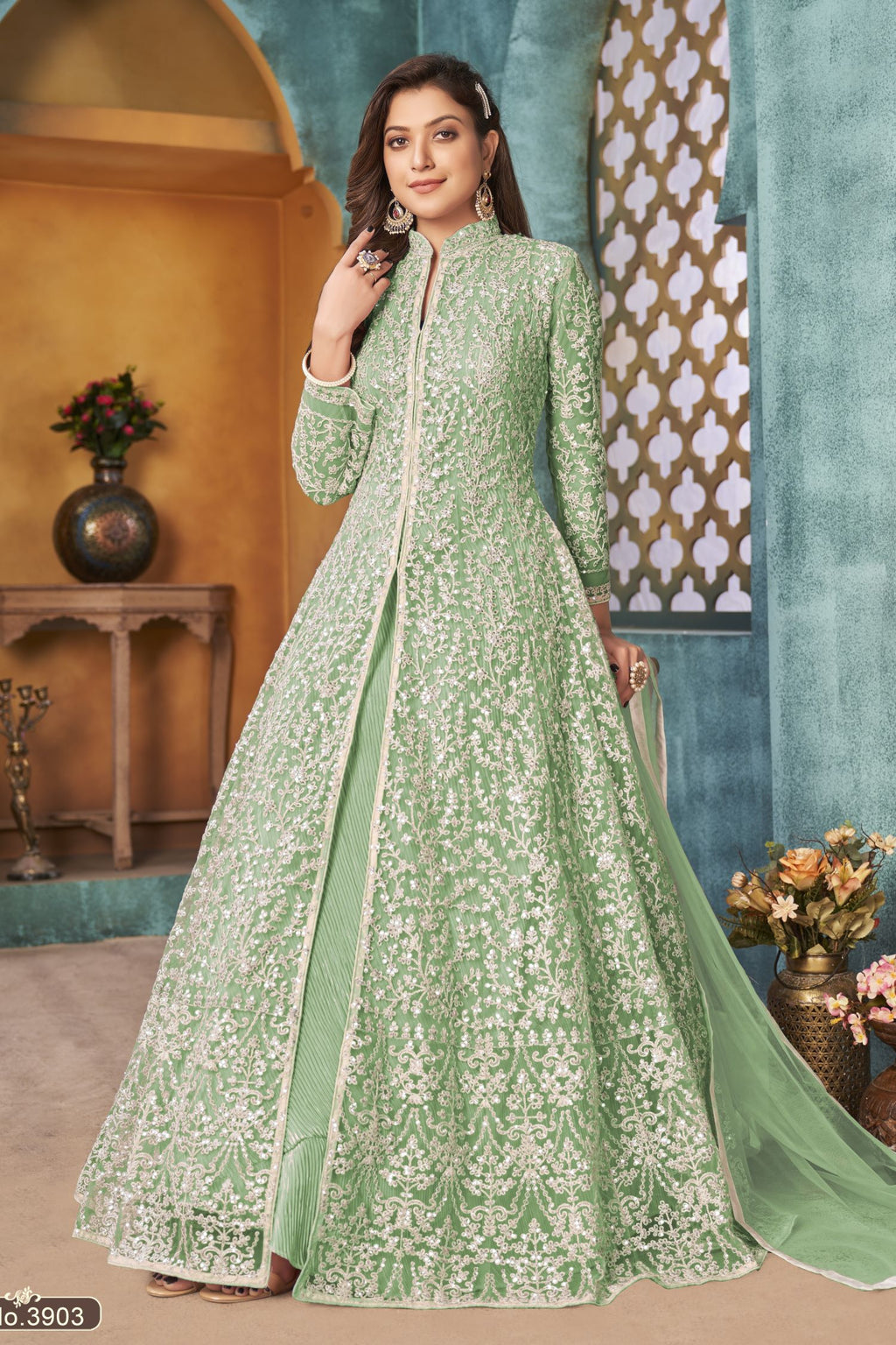 Green Net Anarkali Indian Party Wear Dresses with Sequins Work