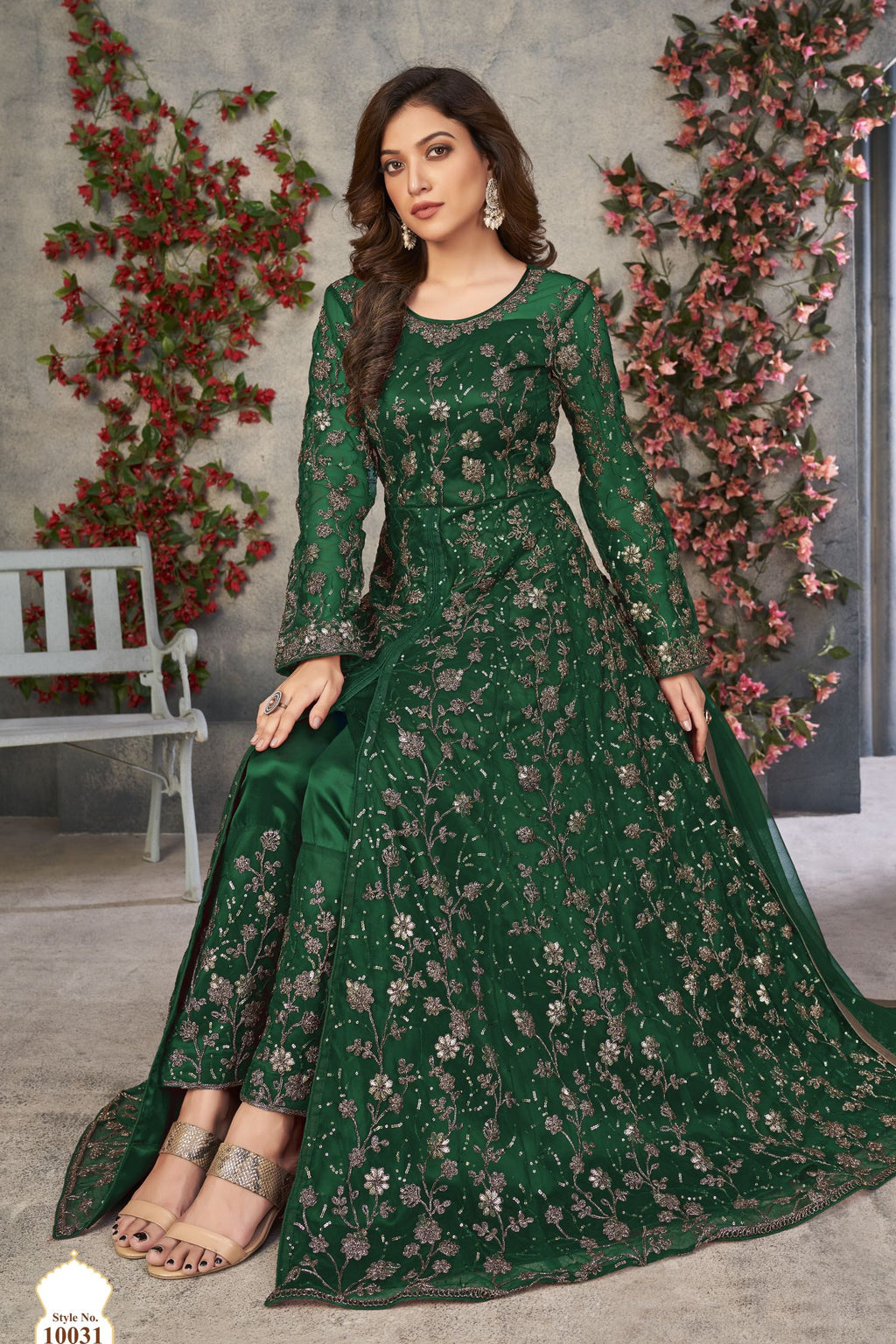 Green Net Anarkali Designer Wedding Suits for Women with Sequins and Thread Embroidery