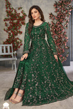 Green Net Anarkali Designer Wedding Suits for Women with Sequins and Thread Embroidery