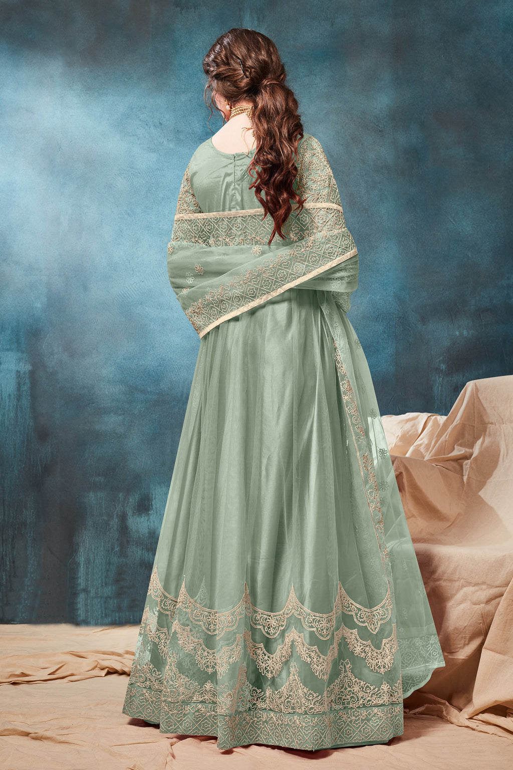 Green Net Anarkali with Dori Embroidery Indian Dresses for Women
