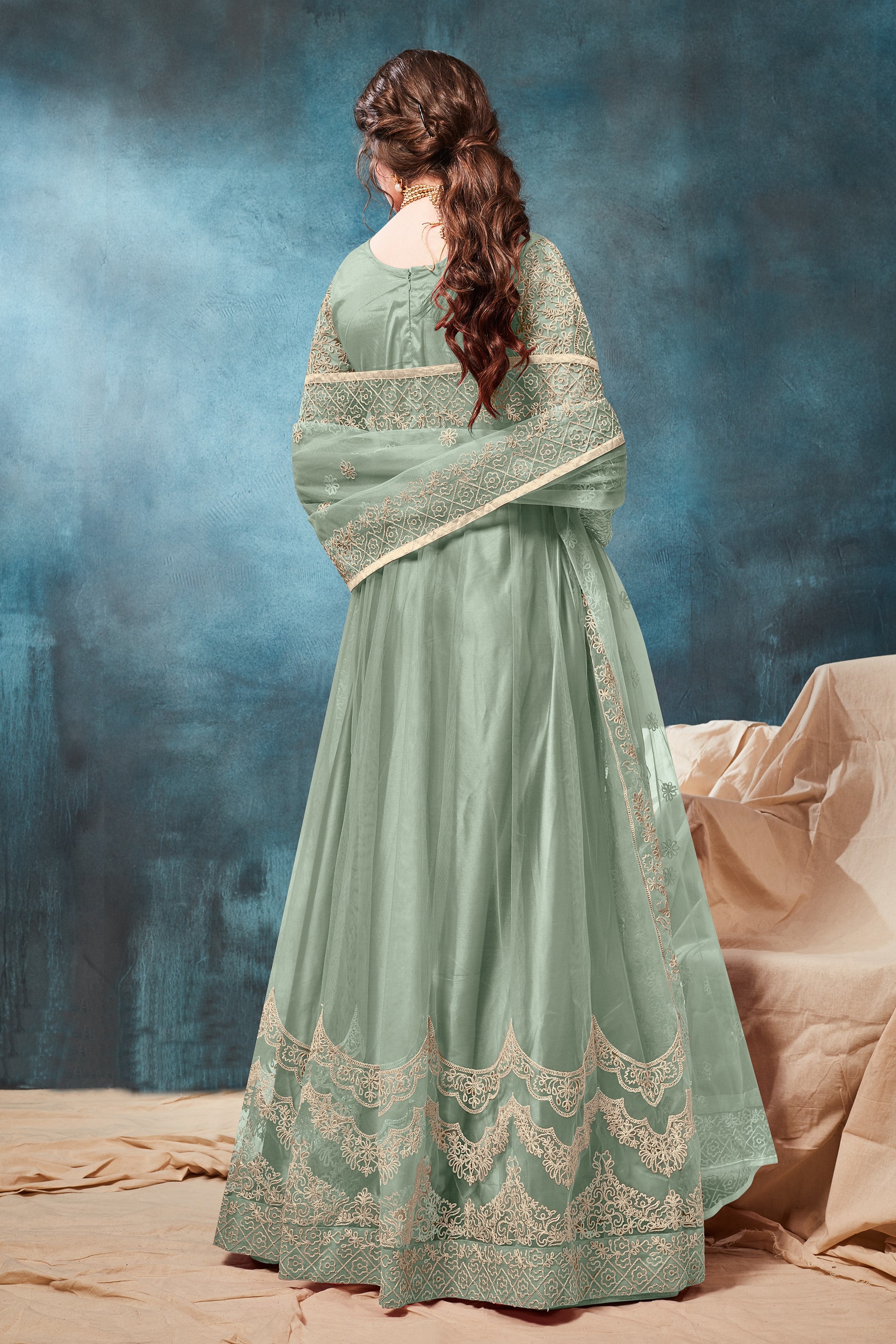 Green Net Anarkali with Dori Embroidery Indian Dresses for Women