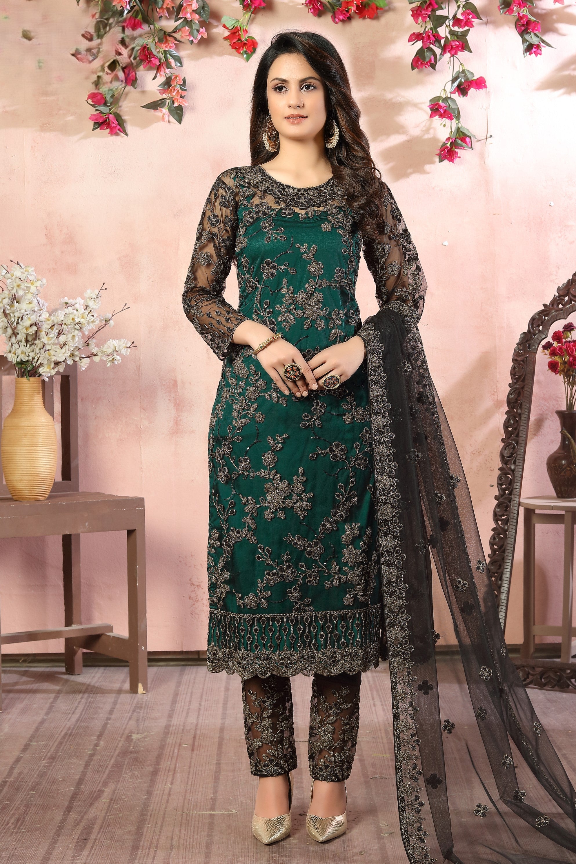 Green Net Traditional Pakistani Clothing Kameez with Pant 42