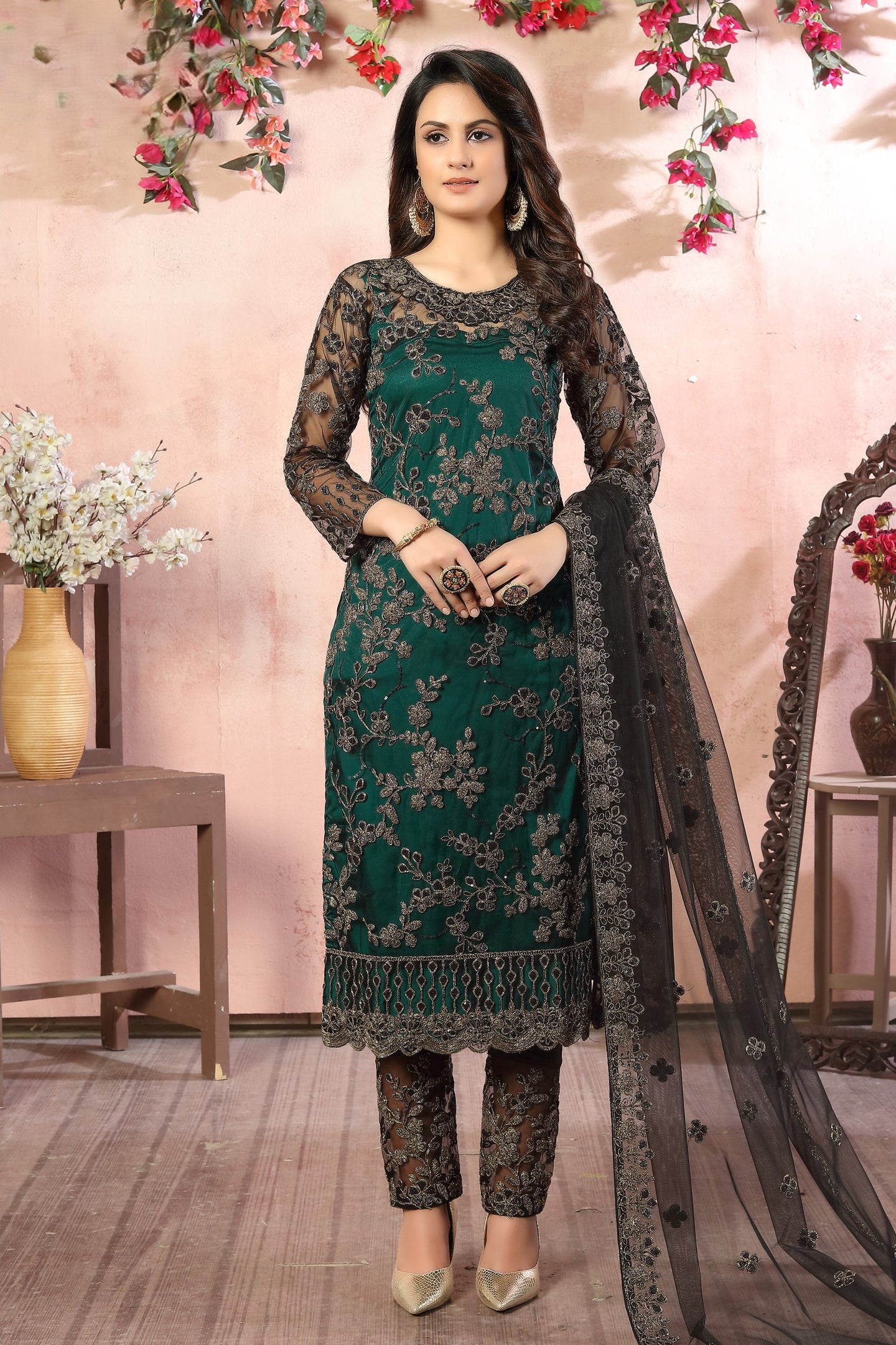 Green Net Traditional Pakistani Clothing Kameez with Pant