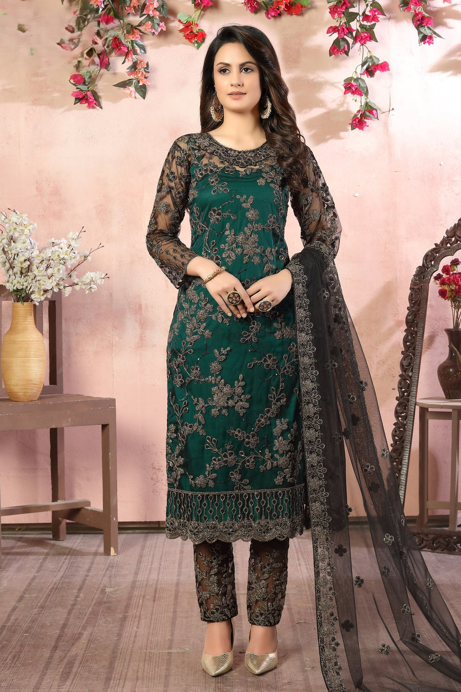 Green Net Traditional Pakistani Clothing Kameez with Pant