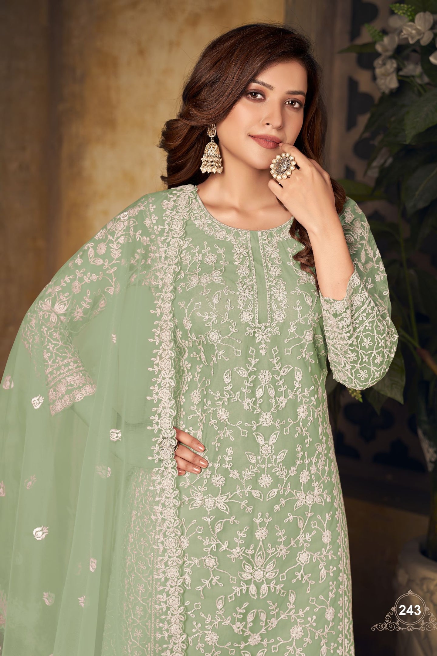 Green Net Plazo with Thread Work for Sangeet Outfits for Women