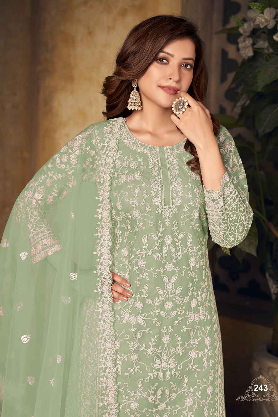 Green Net Plazo with Thread Work for Sangeet Outfits for Women