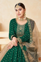 Green Taffeta Silk Anarkali Gown Dress for Ladies with Embroidery Work