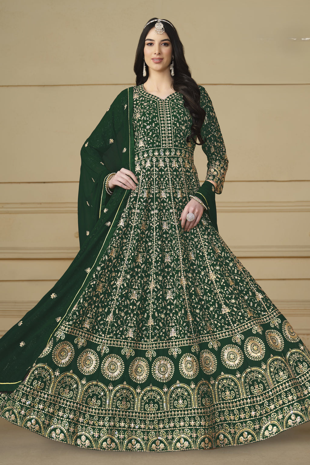 Green Georgette Anarkali Dress with Thread and Sequins Embroidery