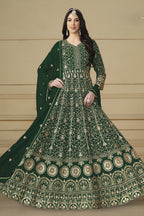Green Georgette Anarkali Dress with Thread and Sequins Embroidery