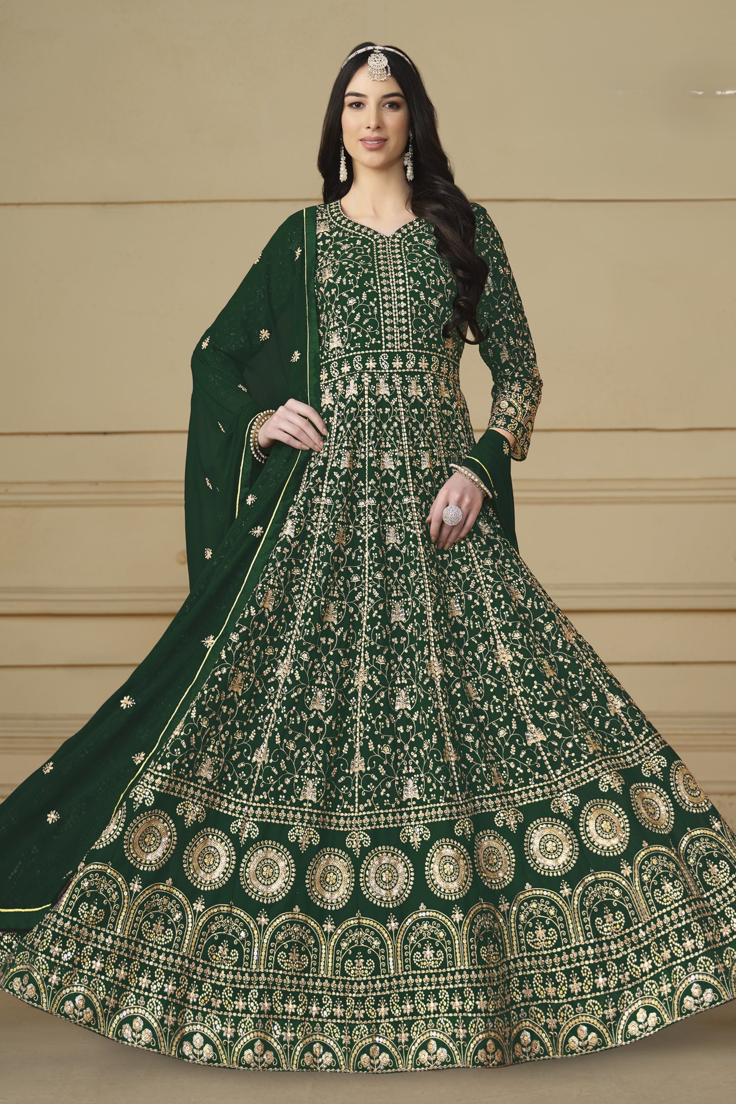 Green Georgette Anarkali Dress with Thread and Sequins Embroidery