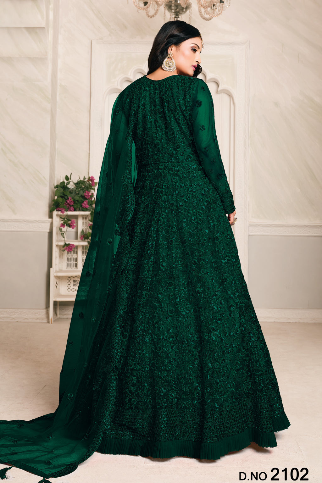 Green Net Anarkali Outfits for Mehndi with Sequins and Thread Embroidery