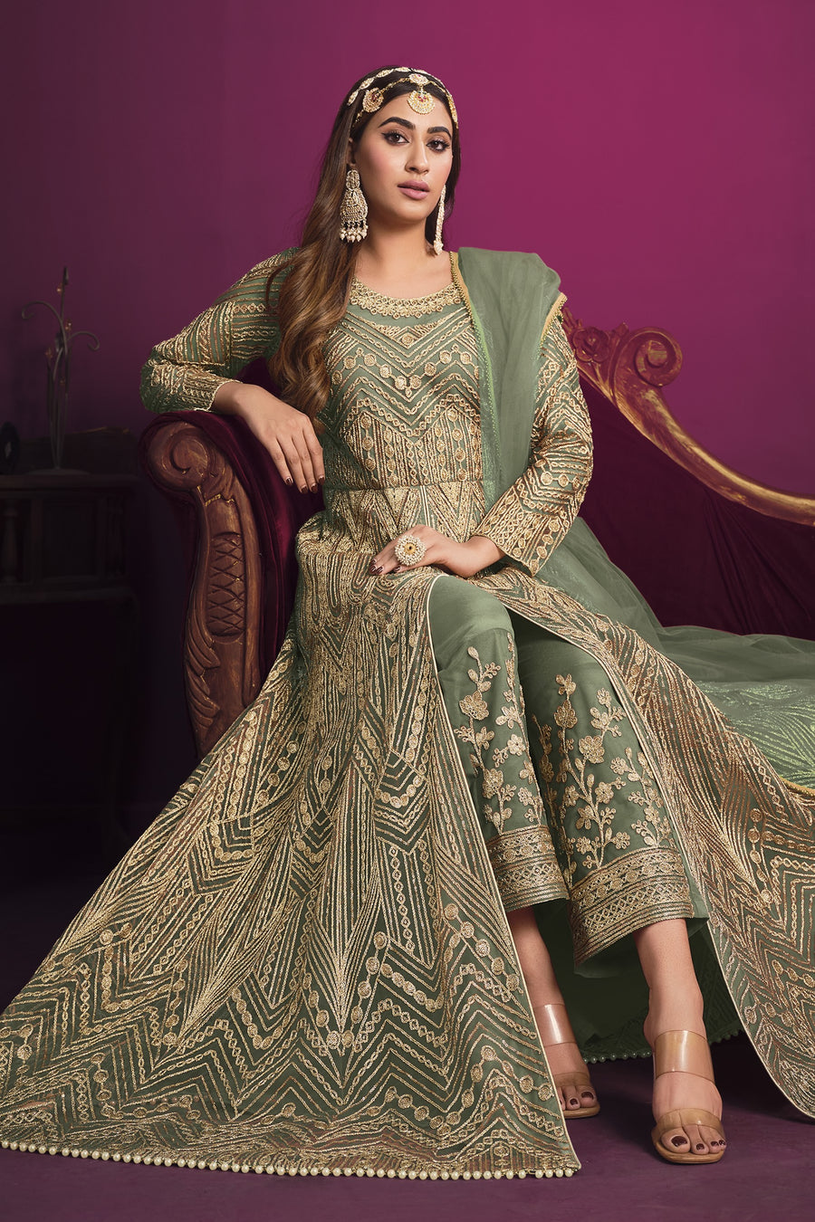 Green Net Anarkali Indian Dresses for Women with Thread Work