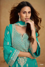Green Chinon Silk Palazo Suit Design for Wedding with Thread and Sequins Work