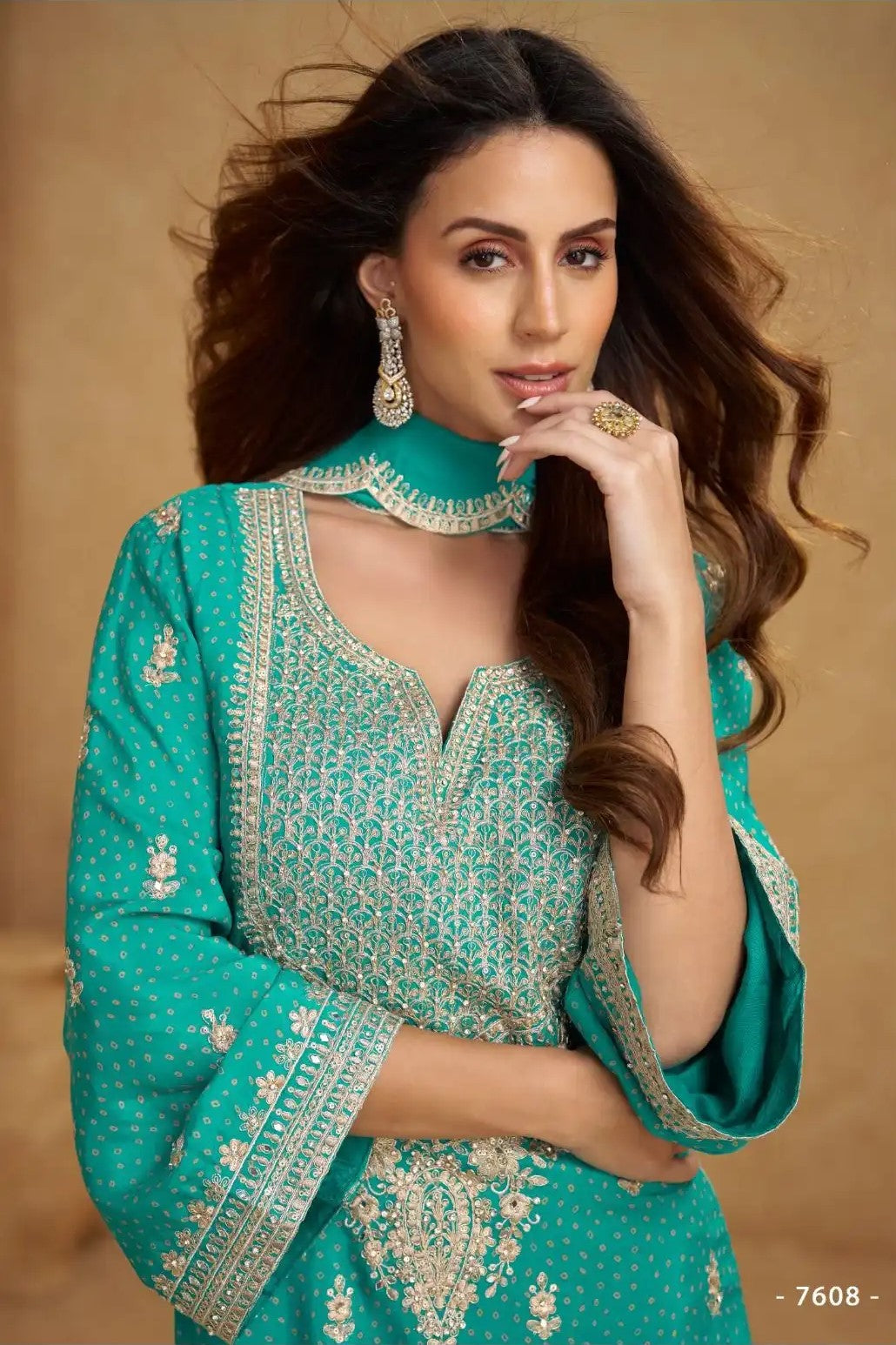 Green Chinon Silk Palazo Suit Design for Wedding with Thread and Sequins Work