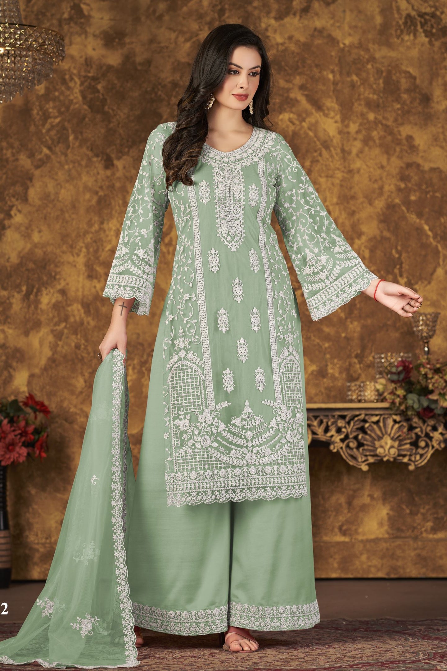 Green Net Plazo with Thread Embroidery for Pakistani Style Wedding Dresses