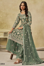 Green Net Plazo Suit Design for Wedding with Thread and Sequins Embroidery