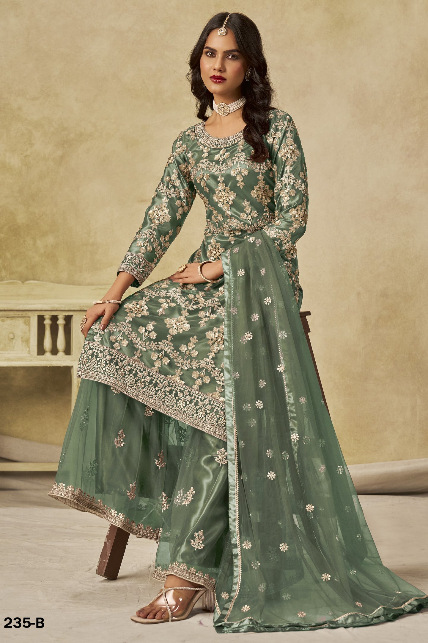 Green Net Plazo Suit Design for Wedding with Thread and Sequins Embroidery