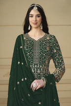 Green Georgette Anarkali Dress with Thread and Sequins Embroidery