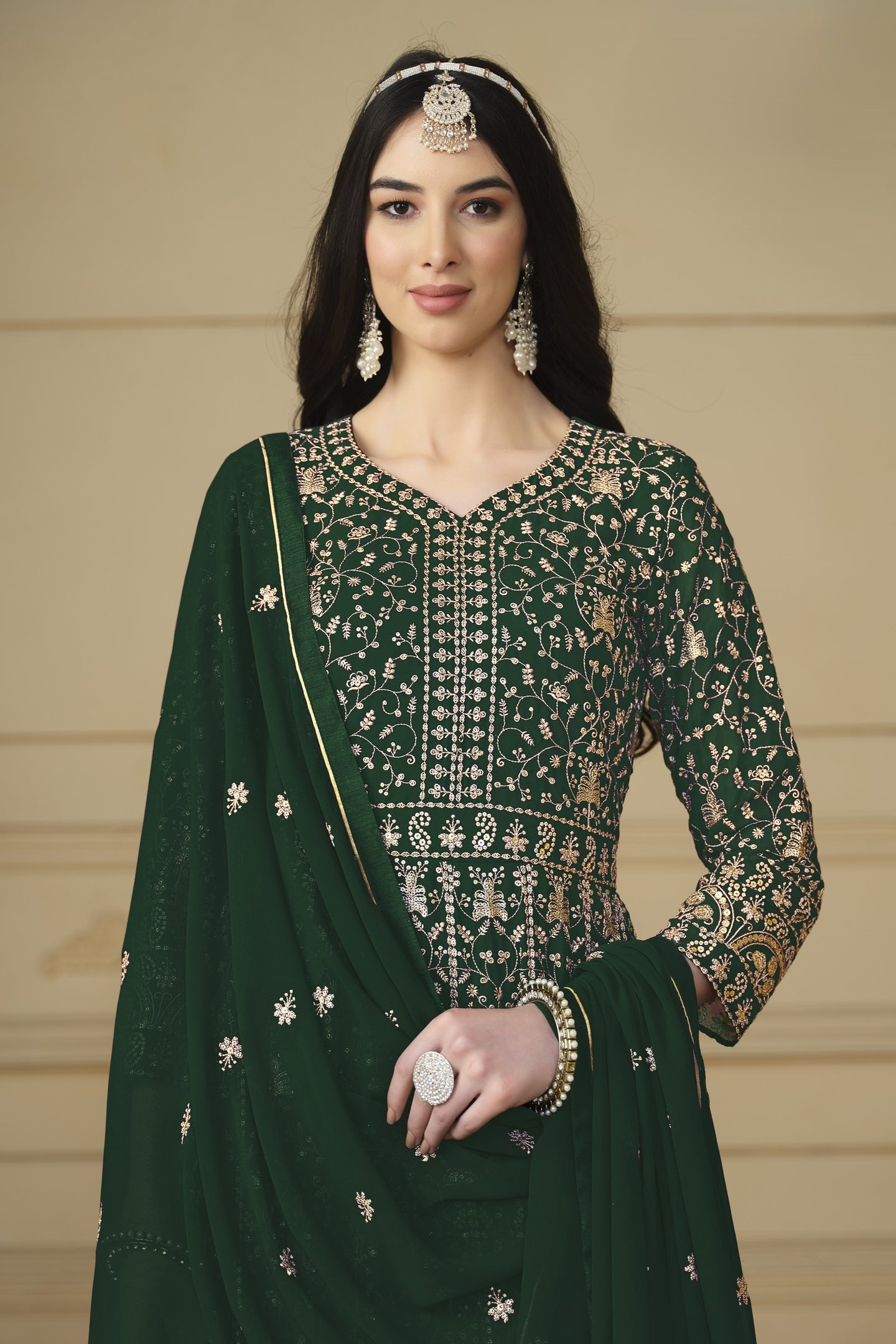 Green Georgette Anarkali Dress with Thread and Sequins Embroidery