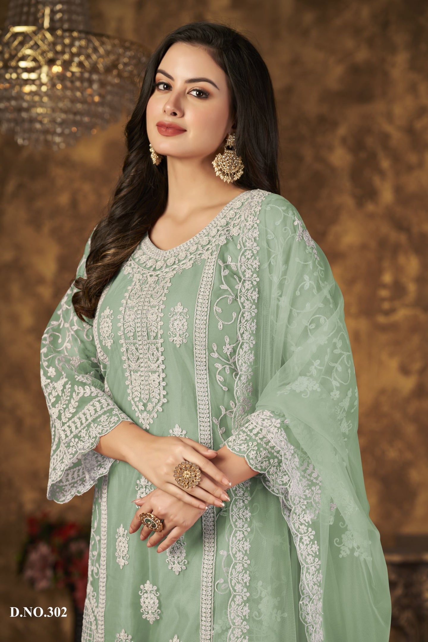 Green Net Plazo with Thread Embroidery for Pakistani Style Wedding Dresses
