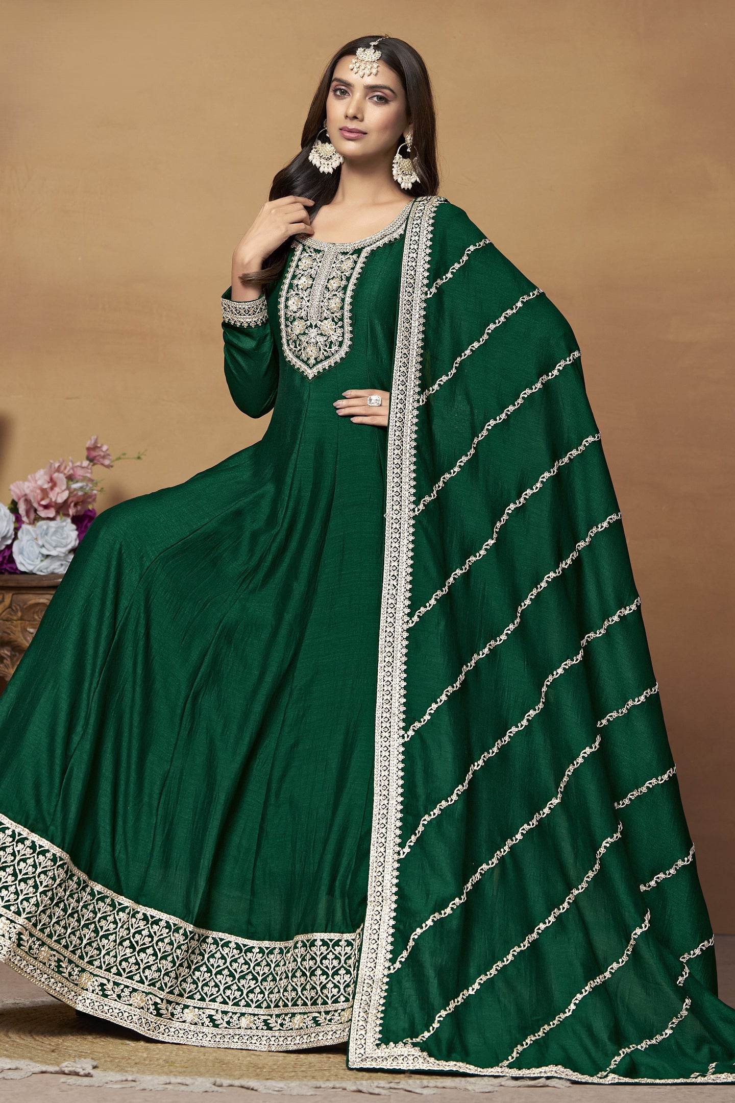 Green Art Silk Plain Anarkali Suit with Sequins and Dori Work