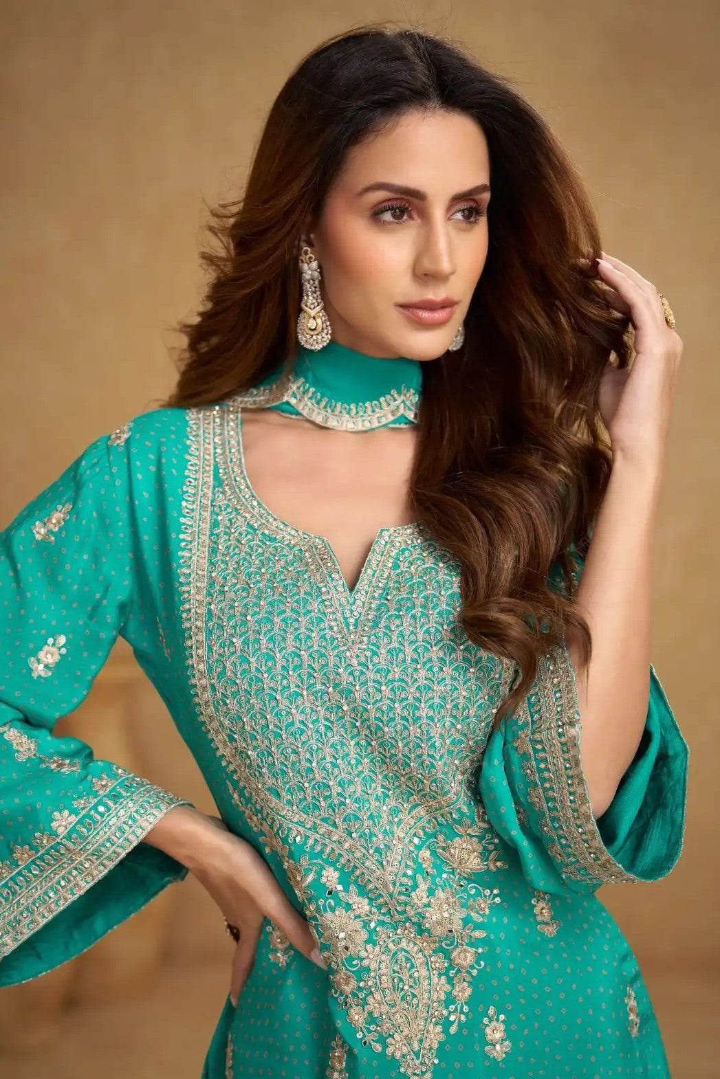 Green Chinon Silk Palazo Suit Design for Wedding with Thread and Sequins Work