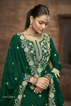 Green Vichitra Silk Pakistani Skirt Suit with Sequins Work
