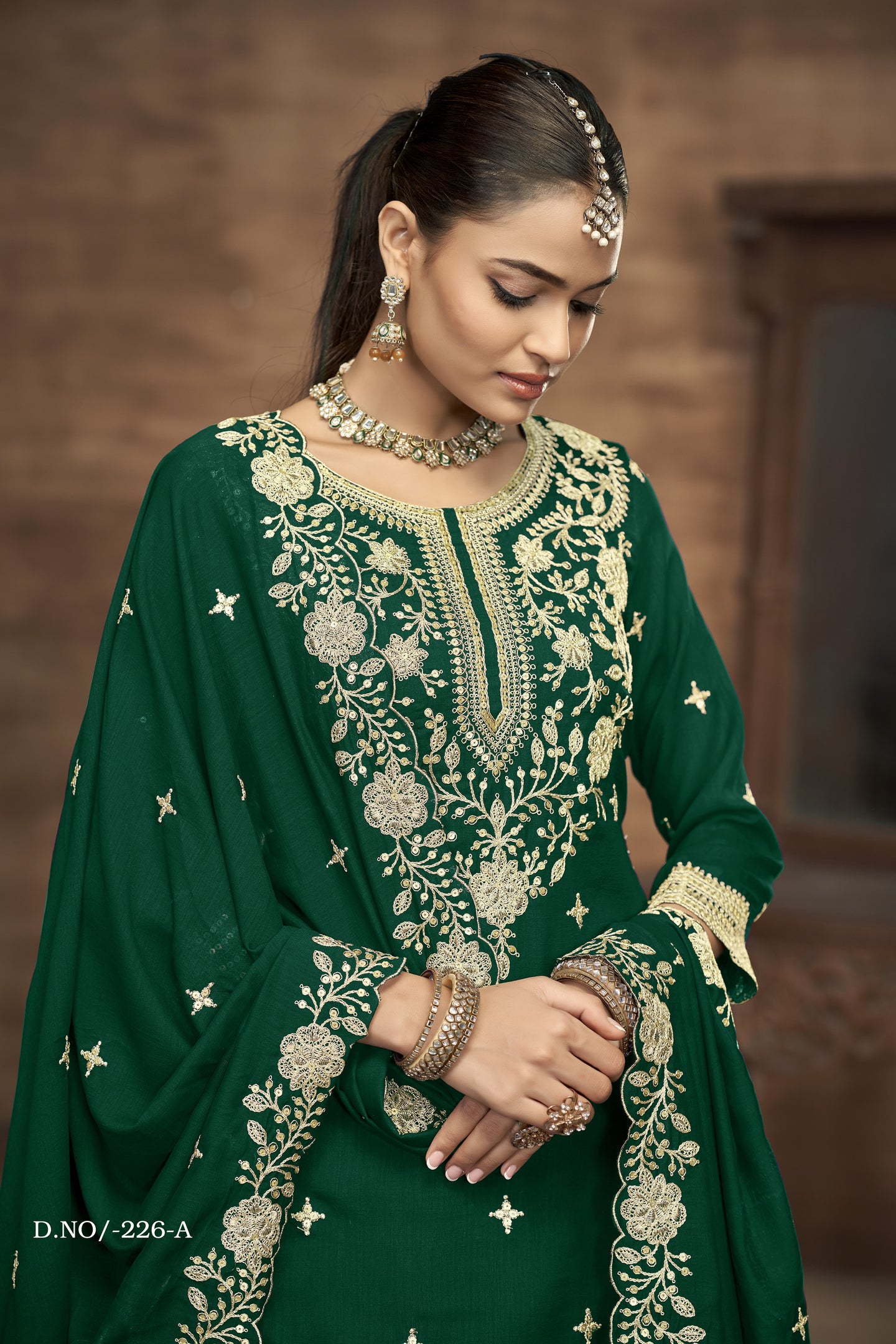 Green Vichitra Silk Pakistani Skirt Suit with Sequins Work