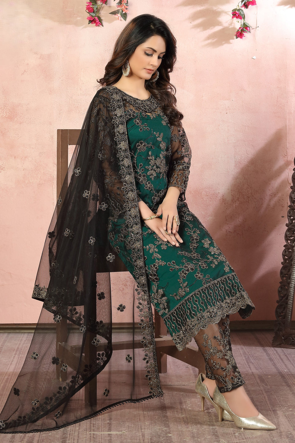 Green Net Traditional Pakistani Clothing Kameez with Pant