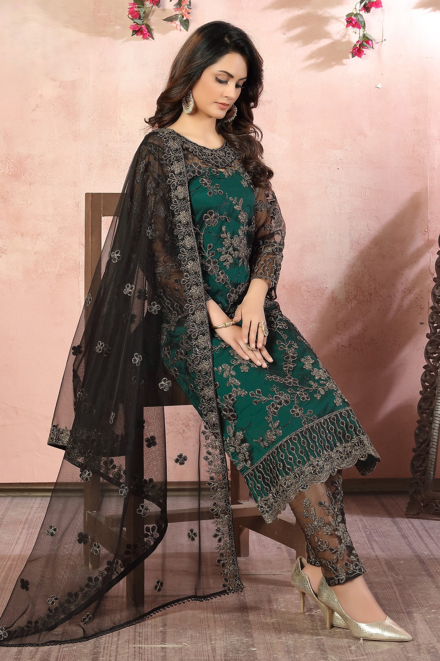 Green Net Traditional Pakistani Clothing Kameez with Pant