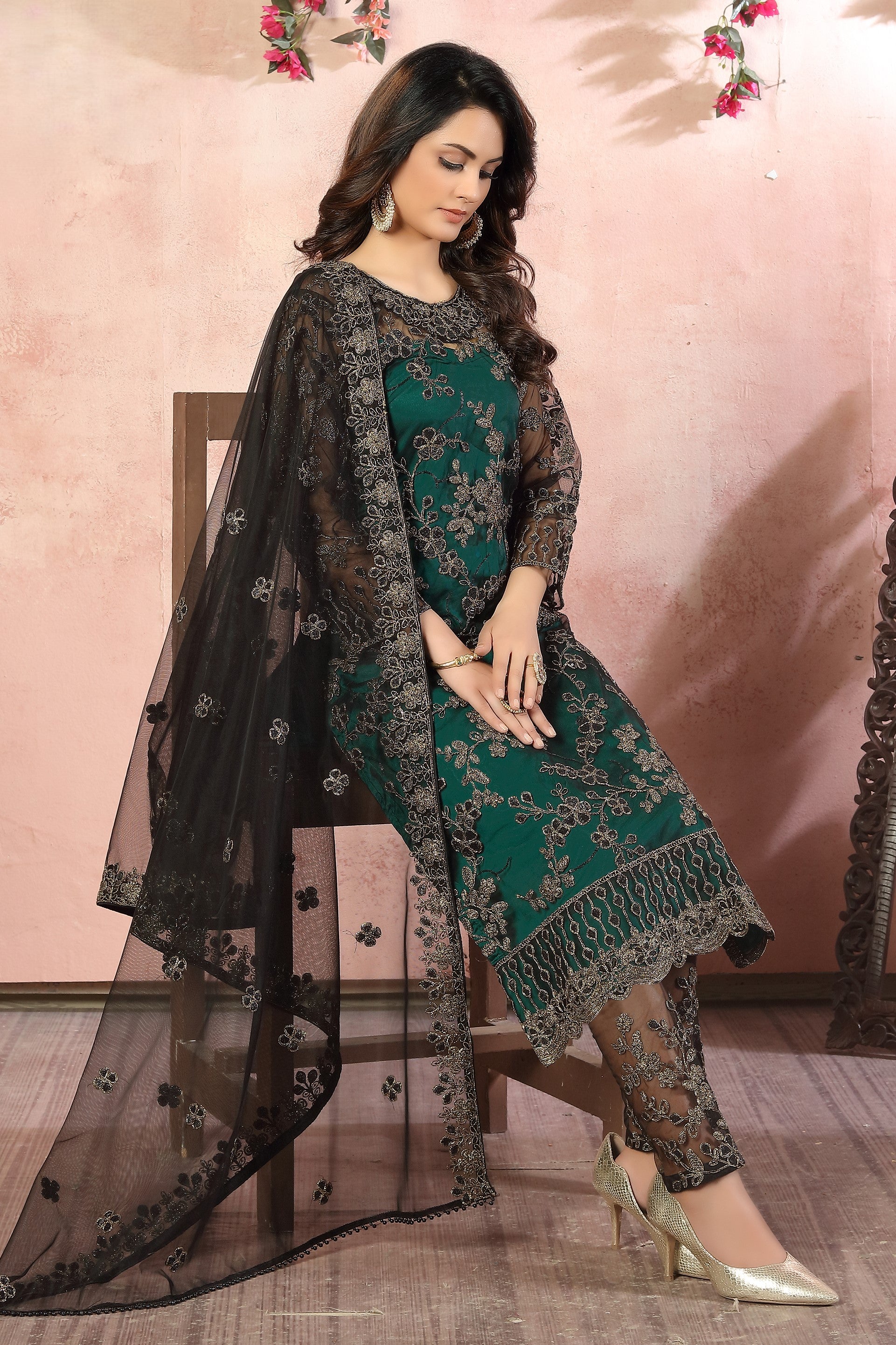 Green Net Traditional Pakistani Clothing Kameez with Pant