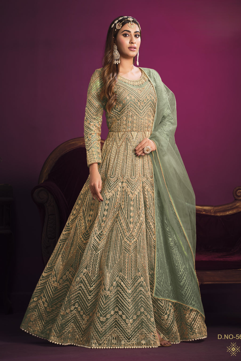 Green Net Anarkali Indian Dresses for Women with Thread Work