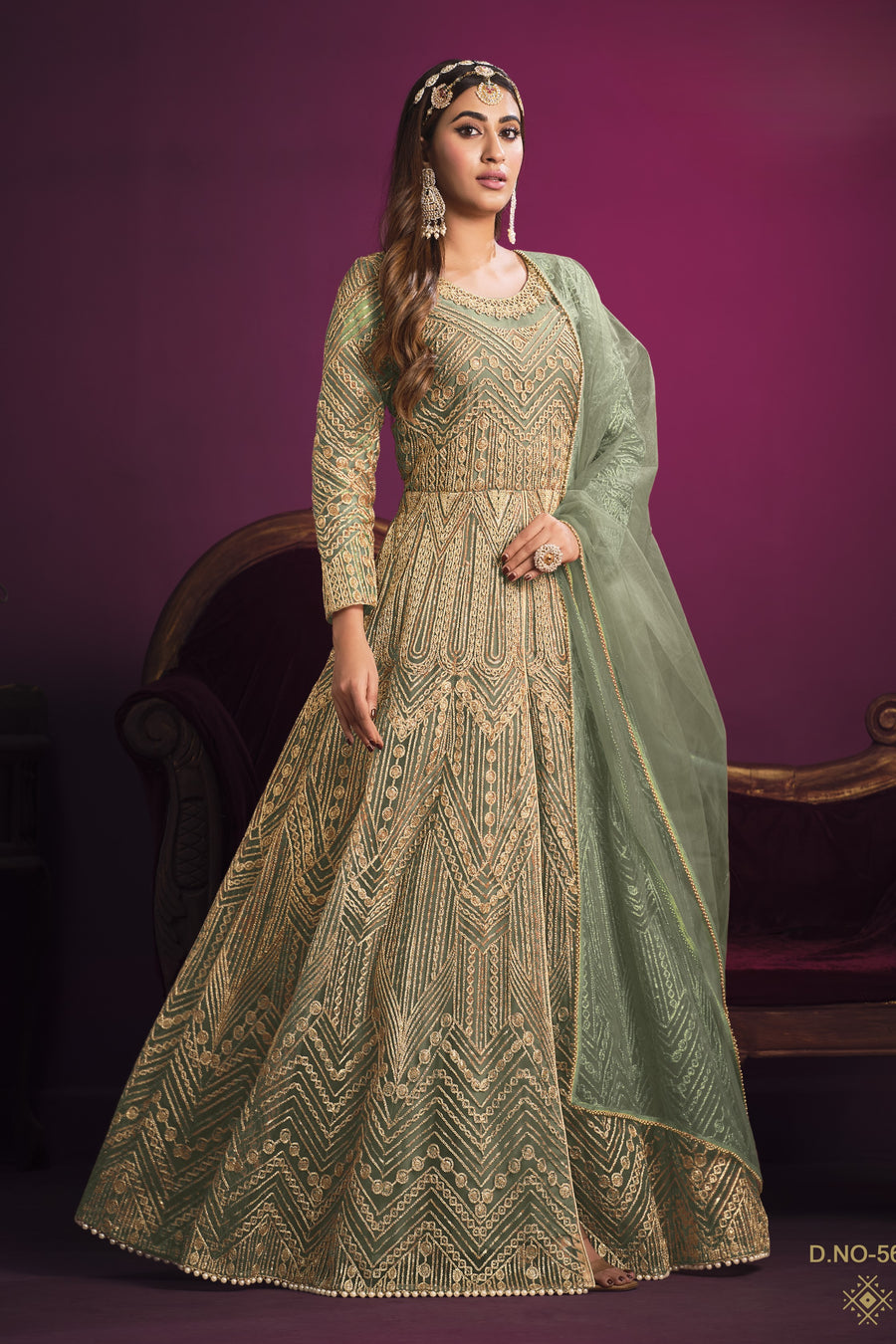 Green Net Anarkali Indian Dresses for Women with Thread Work