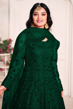 Green Net Anarkali Outfits for Mehndi with Sequins and Thread Embroidery