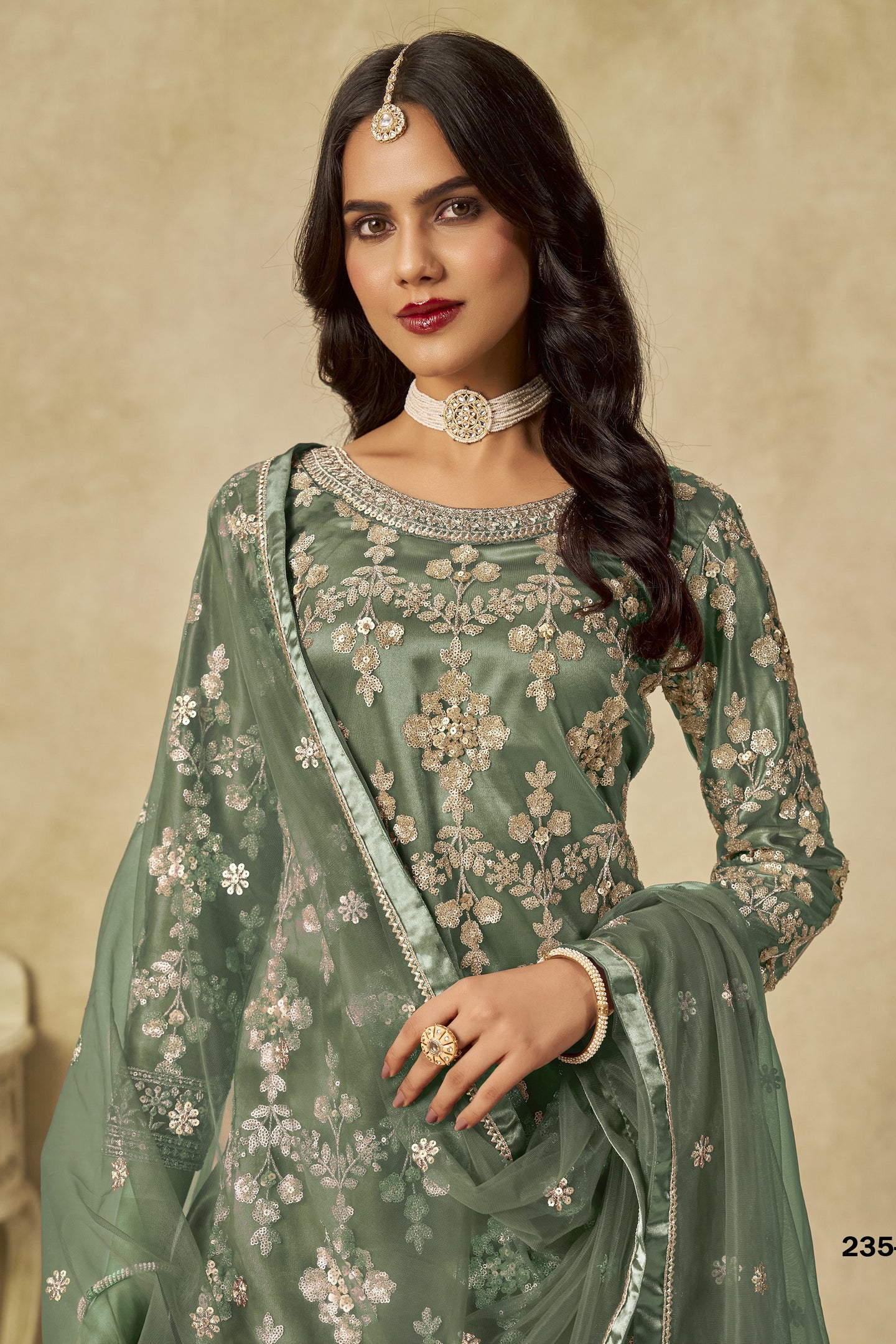 Green Net Plazo Suit Design for Wedding with Thread and Sequins Embroidery