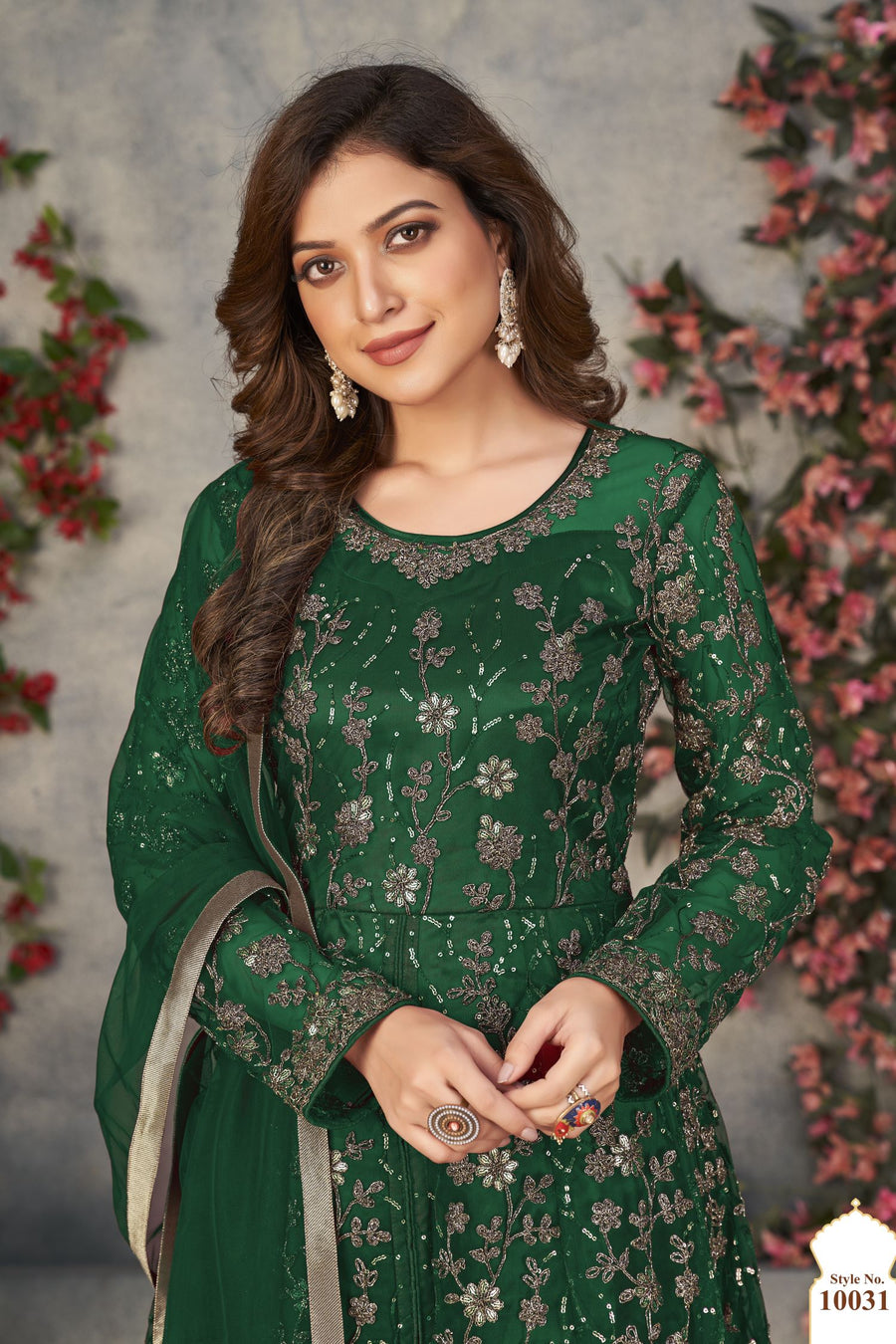 Green Net Anarkali Designer Wedding Suits for Women with Sequins and Thread Embroidery
