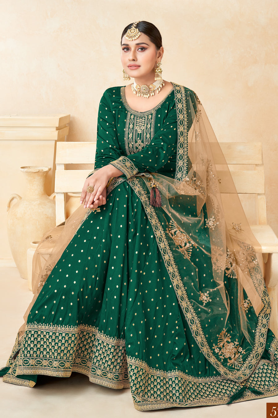 Green Taffeta Silk Anarkali Gown Dress for Ladies with Embroidery Work
