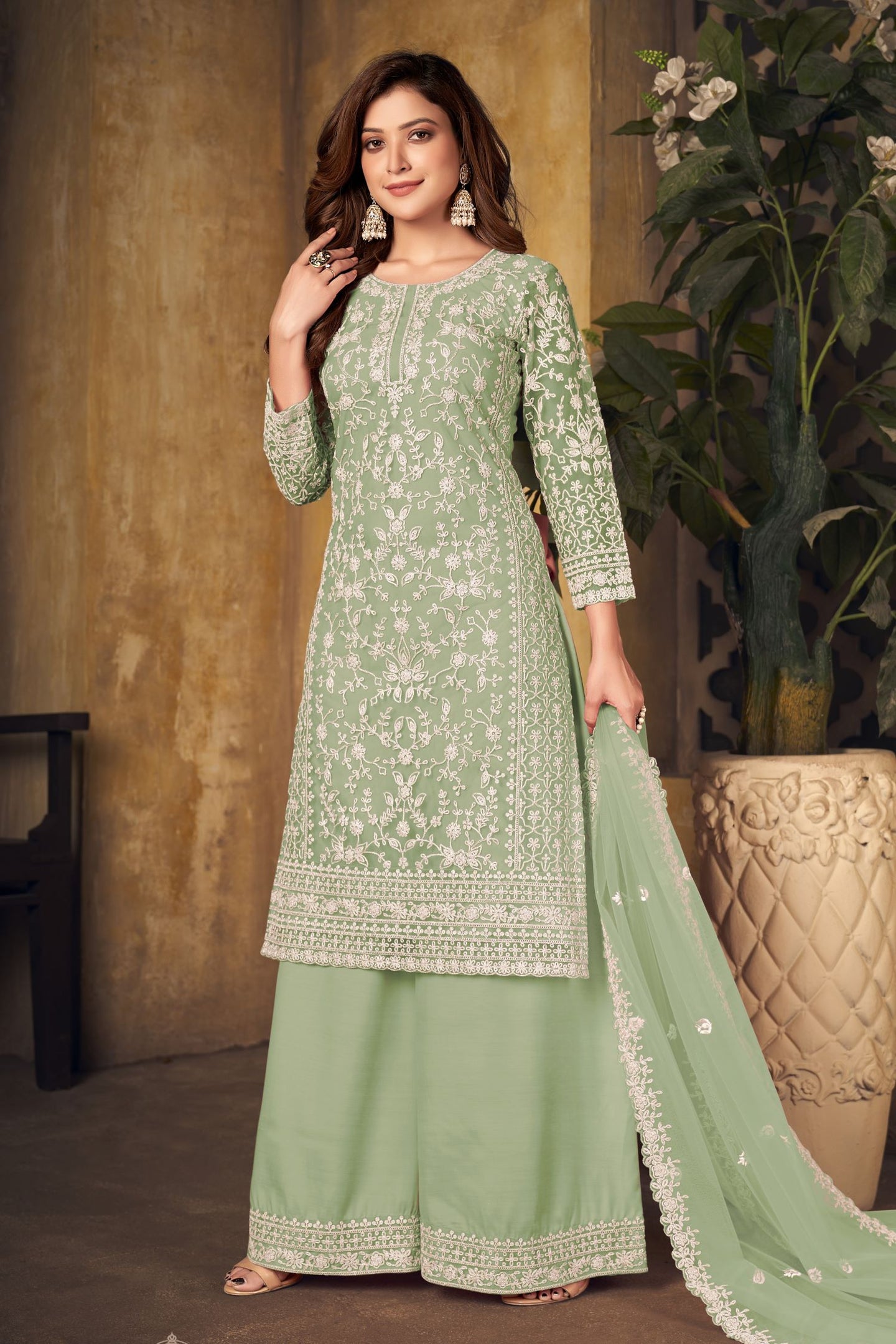 Green Net Plazo with Thread Work for Sangeet Outfits for Women