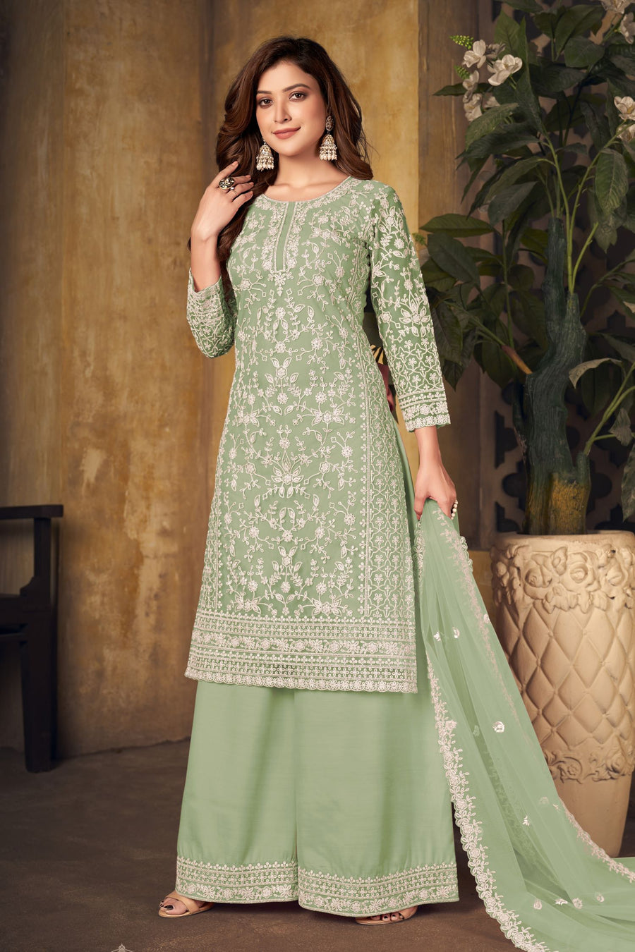 Green Net Plazo with Thread Work for Sangeet Outfits for Women