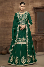Green Vichitra Silk Pakistani Skirt Suit with Sequins Work