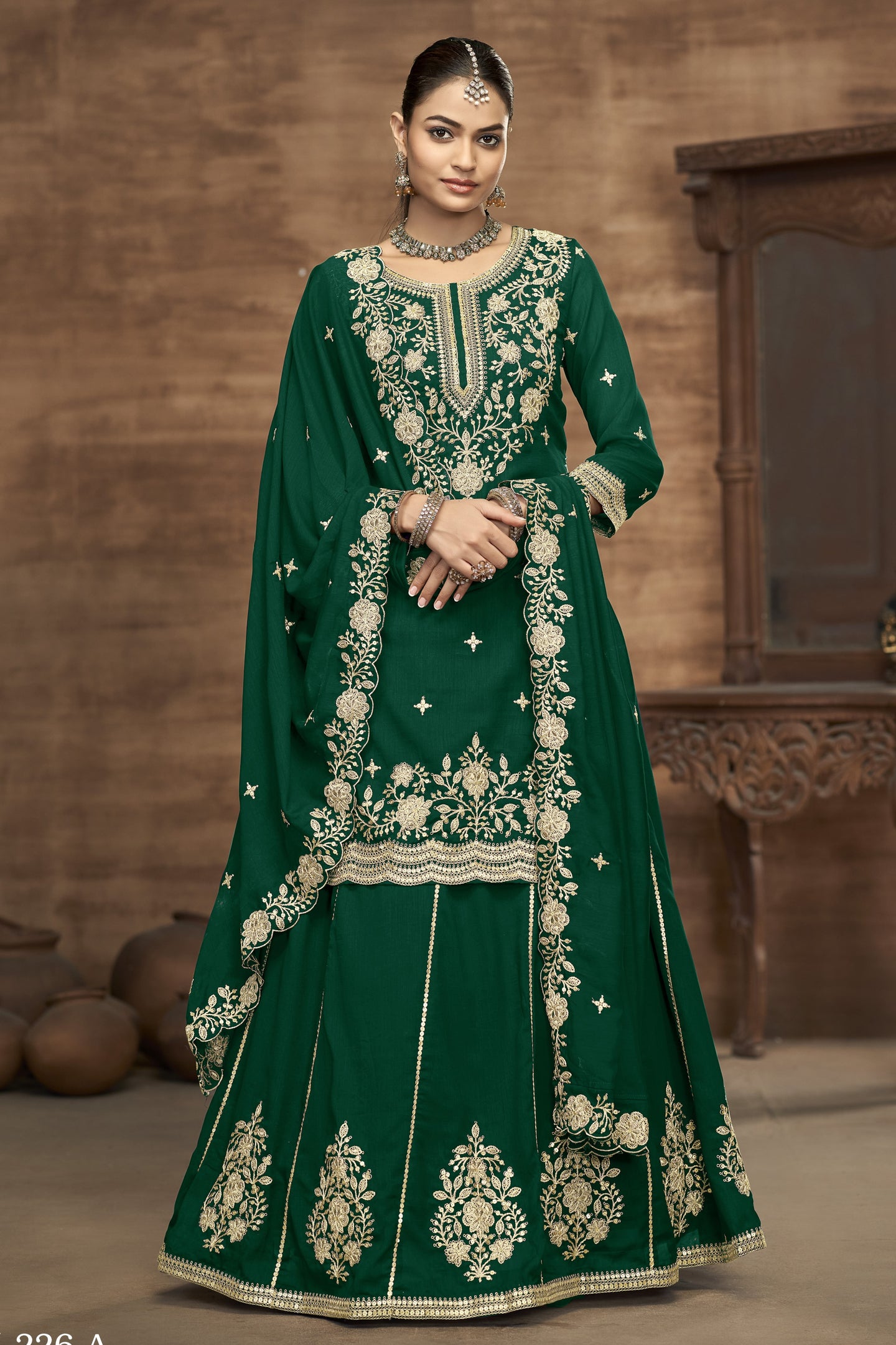 Green Vichitra Silk Pakistani Skirt Suit with Sequins Work