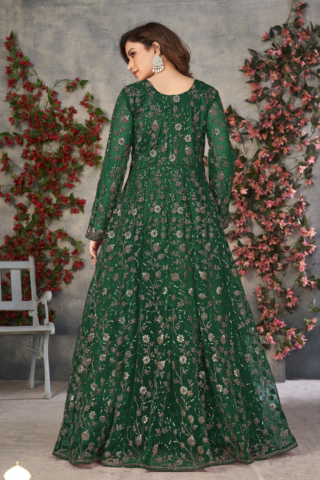 Green Net Anarkali Designer Wedding Suits for Women with Sequins and Thread Embroidery