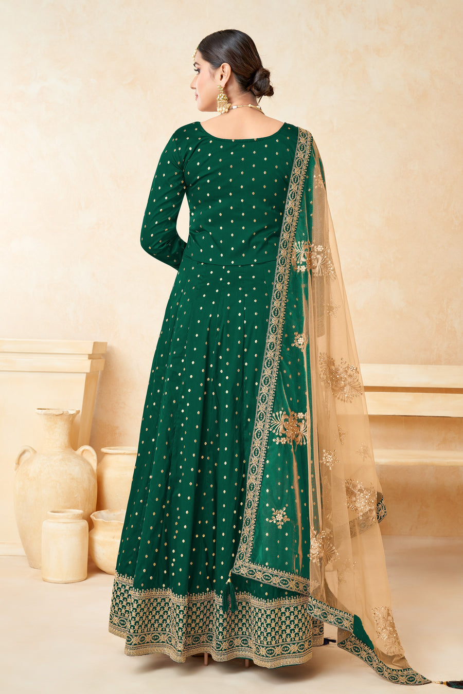 Green Taffeta Silk Anarkali Gown Dress for Ladies with Embroidery Work