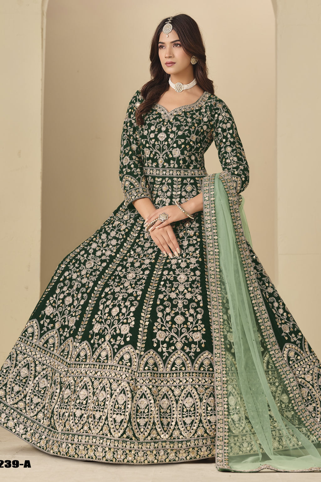 Green Velvet Suit Women Anarkali with Thread and Sequins Work