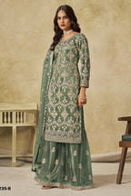 Green Net Plazo Suit Design for Wedding with Thread and Sequins Embroidery