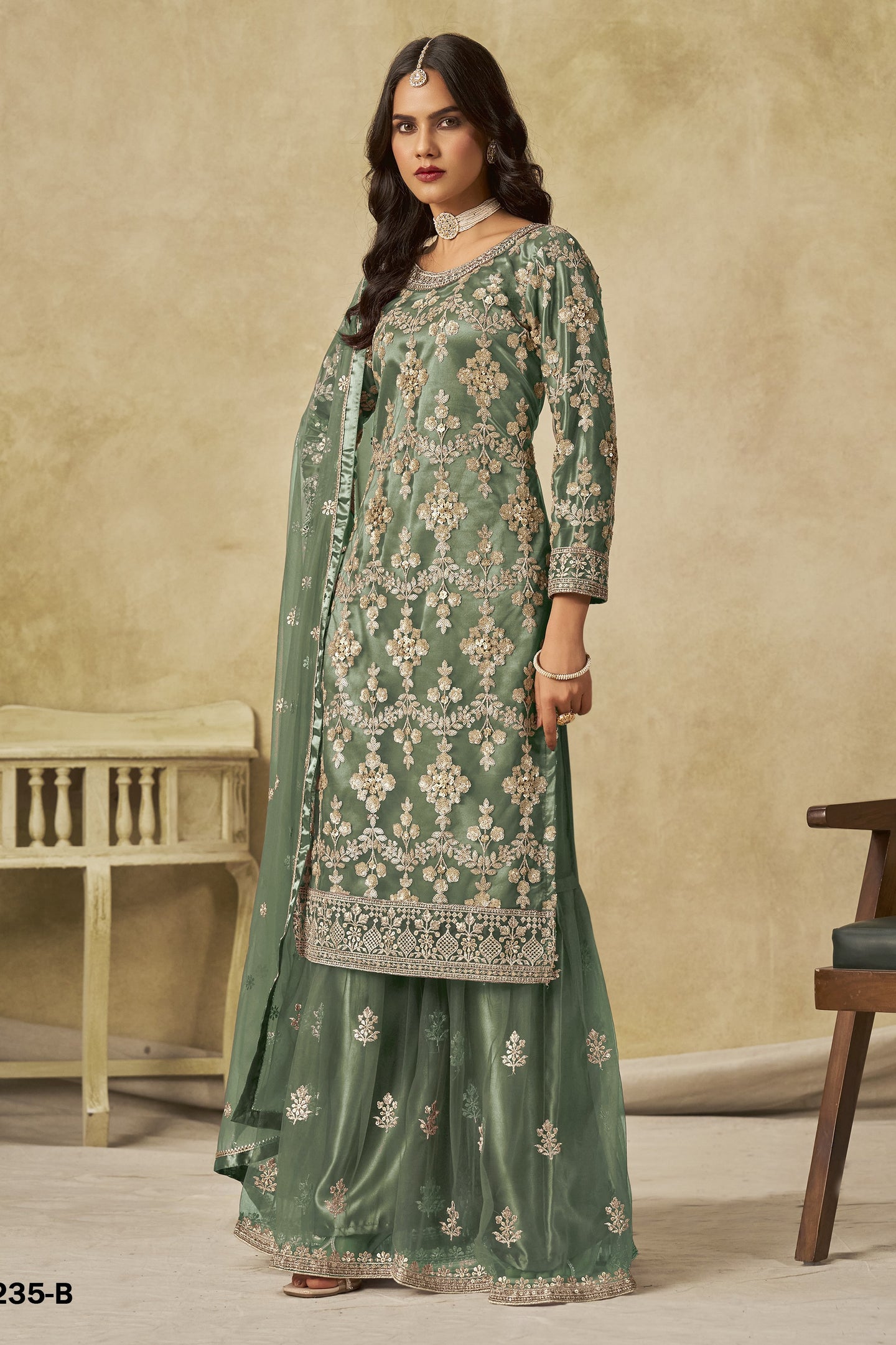 Green Net Plazo Suit Design for Wedding with Thread and Sequins Embroidery